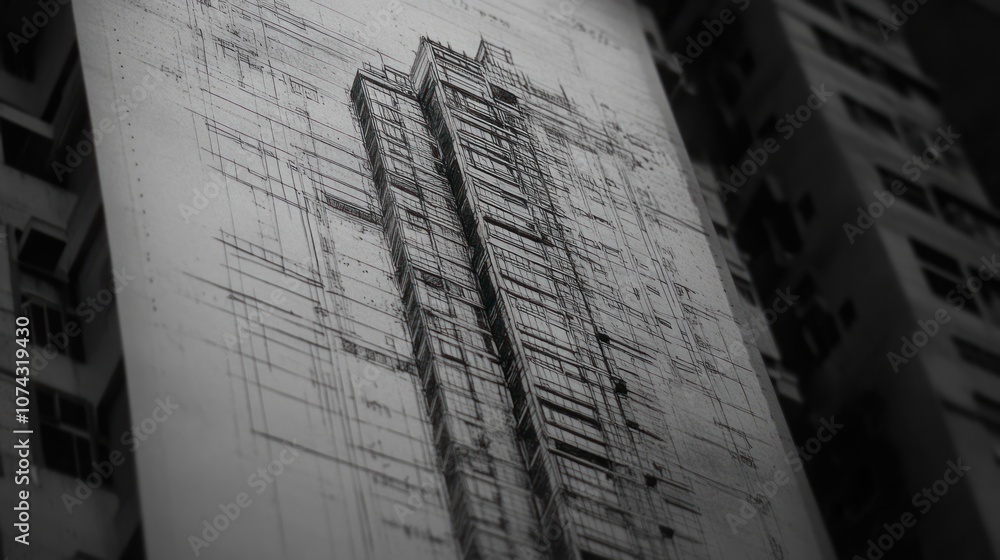 Poster a monochromatic sketch of a tall building, emphasizing architectural design and structure.
