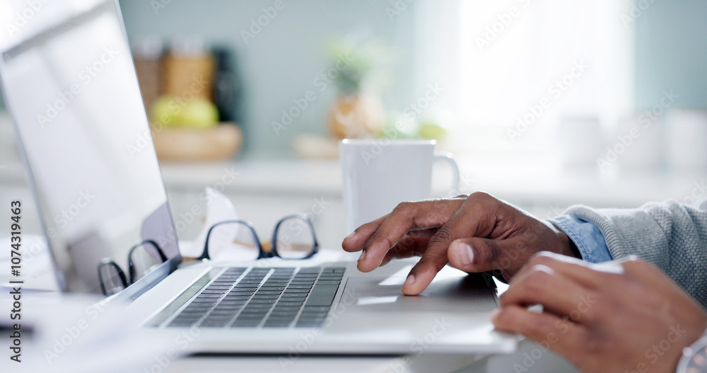 Leinwandbilder man, hands and laptop in home for remote work, research and connectivity for online banking. person,