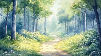 Obraz premium Watercolor artwork depicting a picturesque summer forest scene featuring a scenic rural pathway