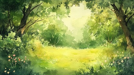 Fototapeta premium Watercolor illustration depicting the serenity of spring characterized by abundant greenery