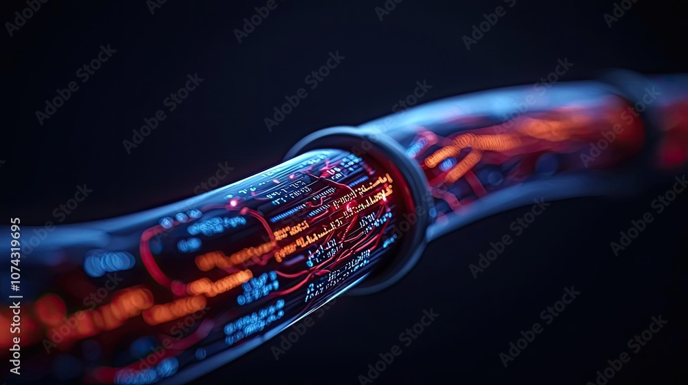 Poster close-up view of glowing technology circuits on a cable against a dark background.