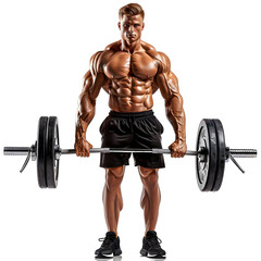 Fototapeta premium Muscular man lifting weights in the gym with a barbell in front of a transparent background.