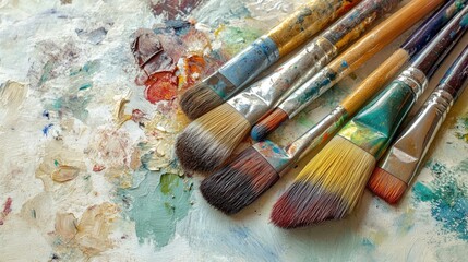 Fototapeta premium Collection of watercolor paintbrushes and paints on a light backdrop