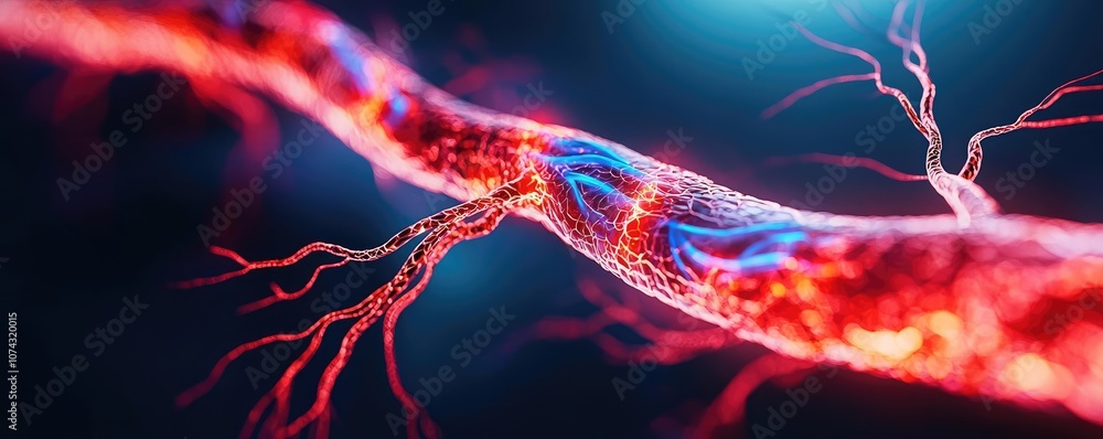 Poster Close-up view of a digital neural network with vibrant colors on a dark background.