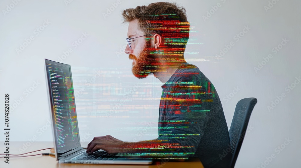 Poster a person coding on a laptop with digital data overlay, representing technology and programming.