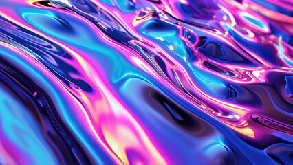 Iridescent liquid metal surface with ripples. 3d illustration. Abstract fluorescent background. Fluid neon leak backdrop. Ultraviolet viscous substance. Generative Ai.