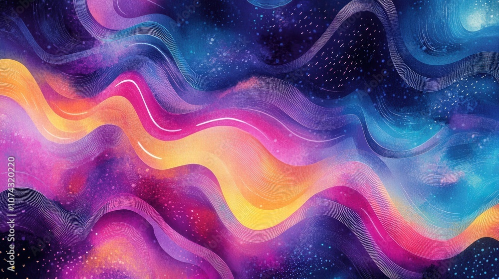 Poster watercolor illustration featuring an abstract neon background with three dimensional curvy shapes an