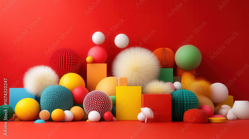 Aufkleber vibrant geometric forms in various textures and colors create playful scene. fluffy textures and bri