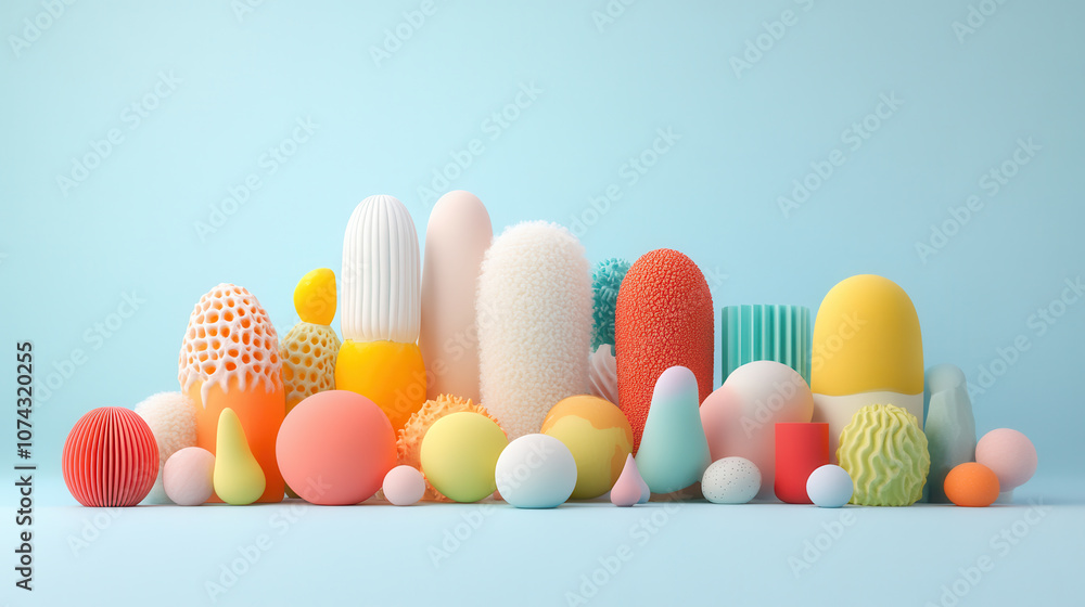 Poster vibrant 3d geometric forms with fluffy textures in pastel colors create playful and artistic display
