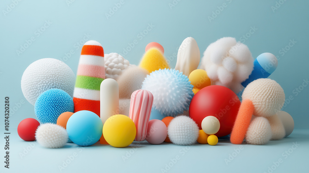 Poster vibrant 3d geometric forms with fluffy textures in various colors create playful and dynamic composi