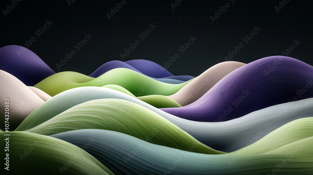 Poster vibrant abstract 3d forms with fluffy textures create serene landscape of flowing waves in shades of