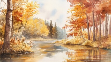 Fototapeta premium Watercolor depiction of a forest in autumn by a river