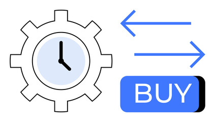 Gear with clock inside beside blue buy button with left and right pointing arrows. Ideal for business strategies, time management, e-commerce, decisions, productivity, automation, workflows. Line