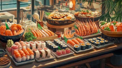 Fototapeta premium Seafood Buffet with Sushi Rolls and Asian Inspired Dishes
