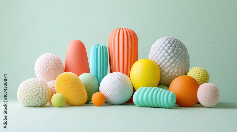 Poster colorful 3d abstract shapes in various textures and sizes on soft green background, creating playful