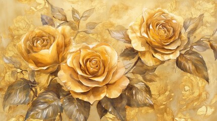 Watercolor artwork featuring a Baroque inspired arrangement of golden roses