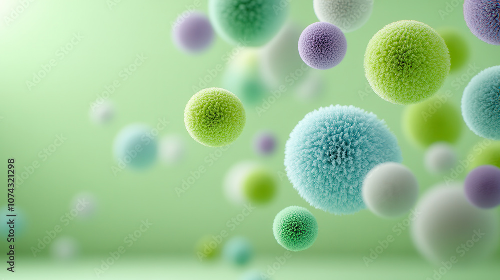 Poster floating 3d abstract forms with fluffy textures in vibrant colors create whimsical atmosphere. soft 
