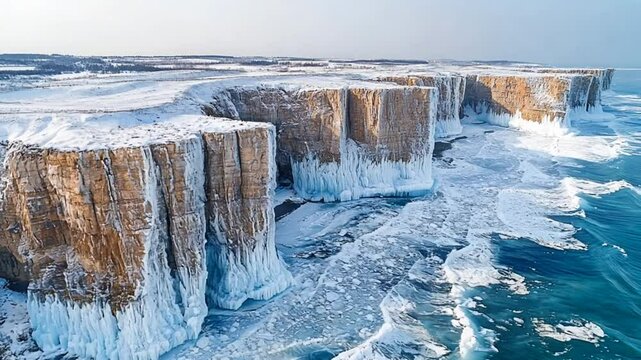 A stunning winter landscape featuring icy cliffs and a frozen shoreline.