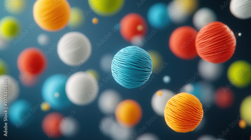 Poster colorful floating spheres create vibrant and dynamic atmosphere, showcasing fluffy textures and play