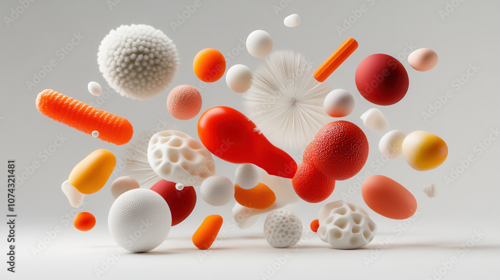 Poster floating 3d shapes with fluffy textures and vibrant colors create dynamic visual display. arrangemen