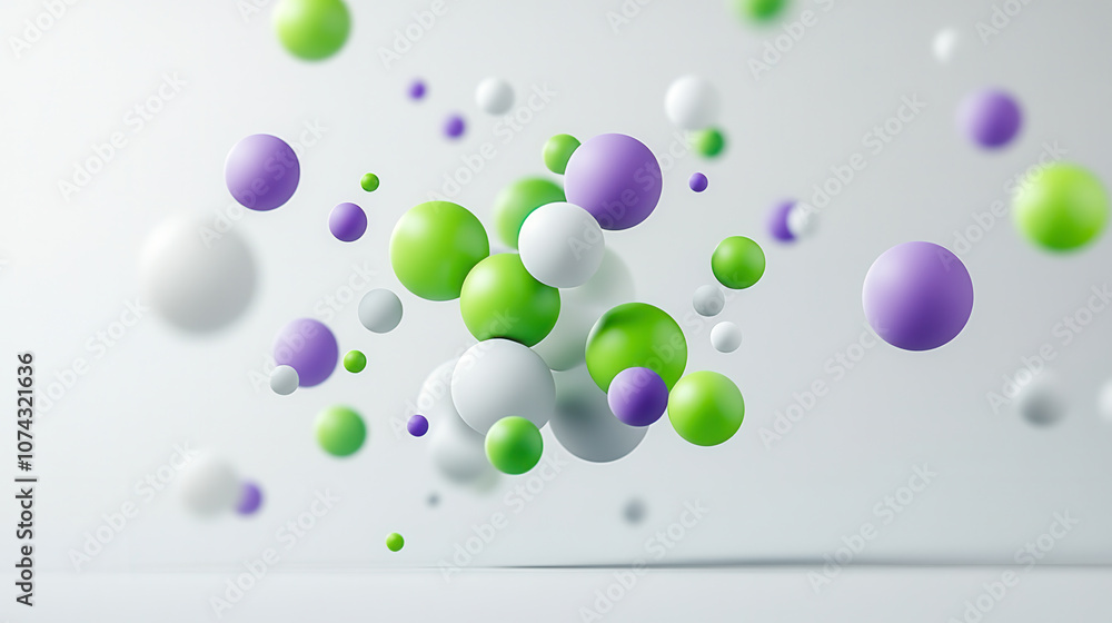 Poster floating 3d shapes in vibrant green, purple, and white colors create dynamic and lively atmosphere. 