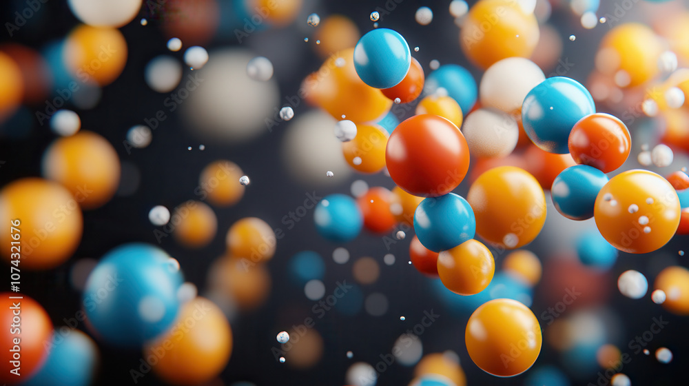 Poster vibrant floating 3d spheres in various colors create dynamic visual effect. fluffy textures and live