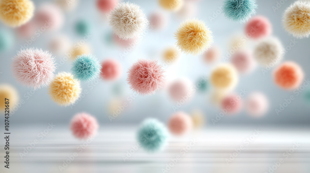 Poster colorful fluffy spheres floating in soft background create whimsical atmosphere. perfect for playful