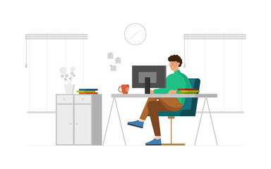 Person working at a desk in a comfortable office environment. Suggesting a productive work or study space. Flat vector illustration isolated on white background.