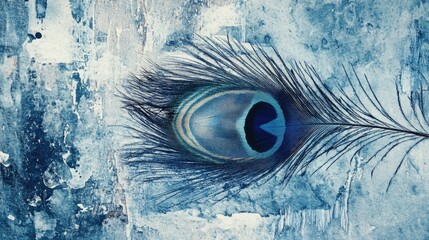 Watercolor artwork of a peacock feather featuring a cyanotype effect on a textured background