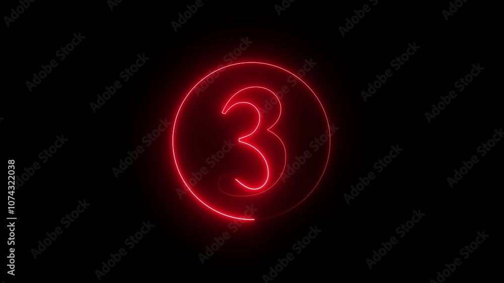 Aufkleber abstract neon light number three red color animation, abstract neon countdown 3 number animation 4k 