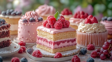 Assorted cakes and desserts decorated with berries and cream.