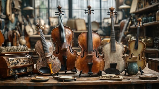 A collection of vintage violins displayed in a workshop setting.