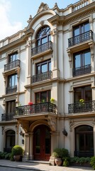 Obraz premium Bright Daylight Highlights Elegant Hotel Facade With Unique Design