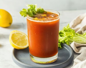 Fototapeta premium A vibrant glass of Bloody Mary garnished with celery and herbs, alongside fresh lemon, set on a stylish plate against a light backdrop.