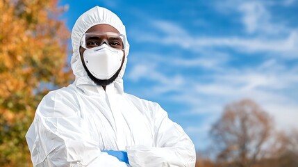 Healthcare professional in protective gear stands confidently against a bright blue sky