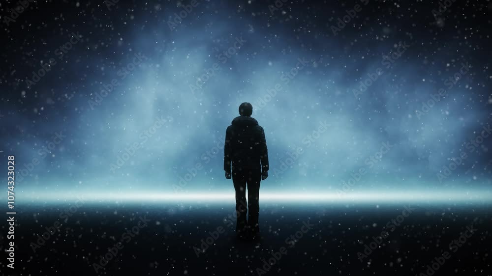 Poster man silhouette on dark foggy road with snowfall loop background.