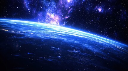 Obraz premium Deep space backdrop, blending dark indigo to vibrant violet tones with soft pastel blue on the horizon, speckled with twinkling stars and gentle cosmic glow, capturing an otherworldly galaxy,