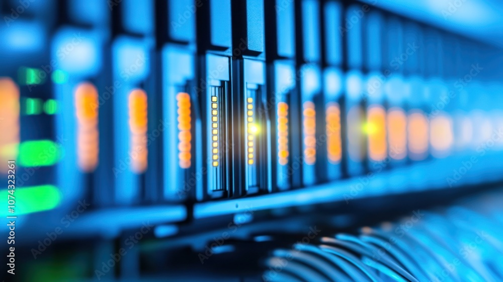 Aufkleber close-up of a data storage system with illuminated indicators and connected cables.