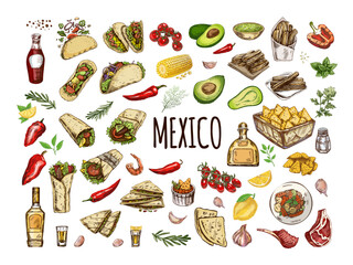 Hand-drawn colored set of realistic mexican dishes and products. Vintage sketch drawings of Latin American cuisine. Vector ink illustration. Mexican culture.