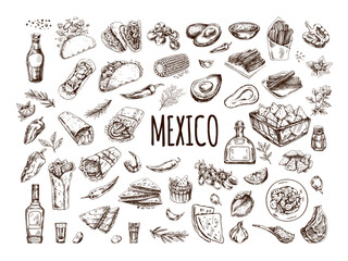 Hand-drawn set of realistic mexican dishes and products. Vintage sketch drawings of Latin American cuisine. Vector ink illustration. Mexican culture. Latin America.