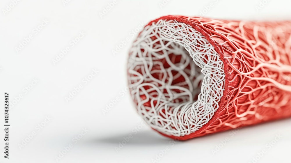 Poster Red and white hollow structure with intricate patterns, isolated on white background.