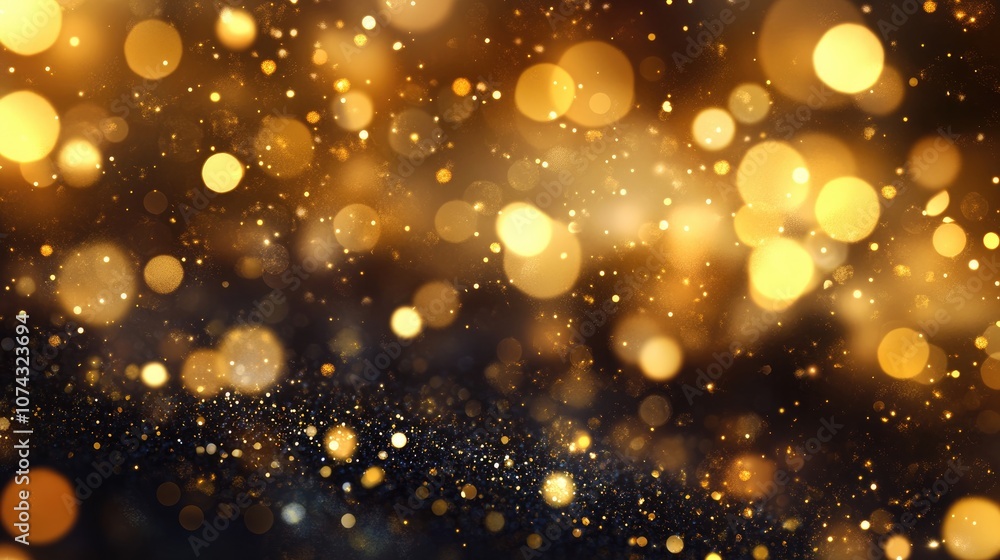 Poster shimmering blurred background with sparkling gold particles and reflections