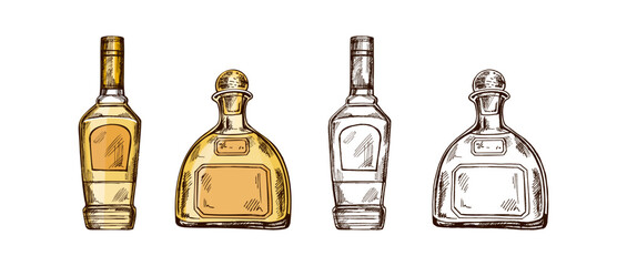 Hand-drawn colored and monochrome bottles of tequila. Design elements set for the menu of bars and restaurants. Vector sketch illustration in engraving style. Mexican