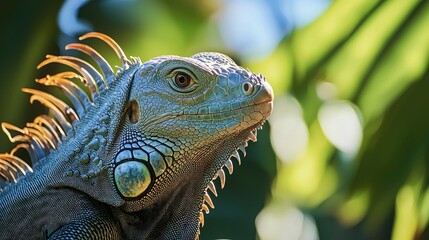 Obraz premium Close Up Of A Iguana Harmless Reptile Selective Focus Of Lizard With Blur Background