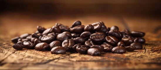 Fototapeta premium Coffee Beans Scattered On The Wooden Table