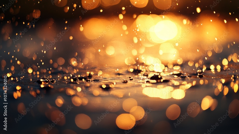 Poster close up of water droplets on a shiny surface highlighting light reflections and creating a tranquil