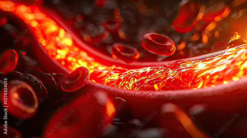 Poster abstract view of flowing lava with blood cells, vivid colors, and dynamic movement.