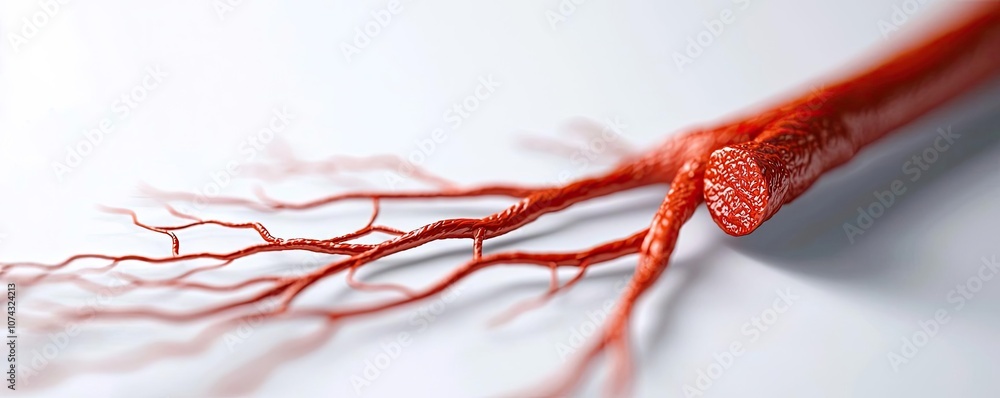 Aufkleber detailed close-up of a red nerve fiber with branching extensions, white isolate background.