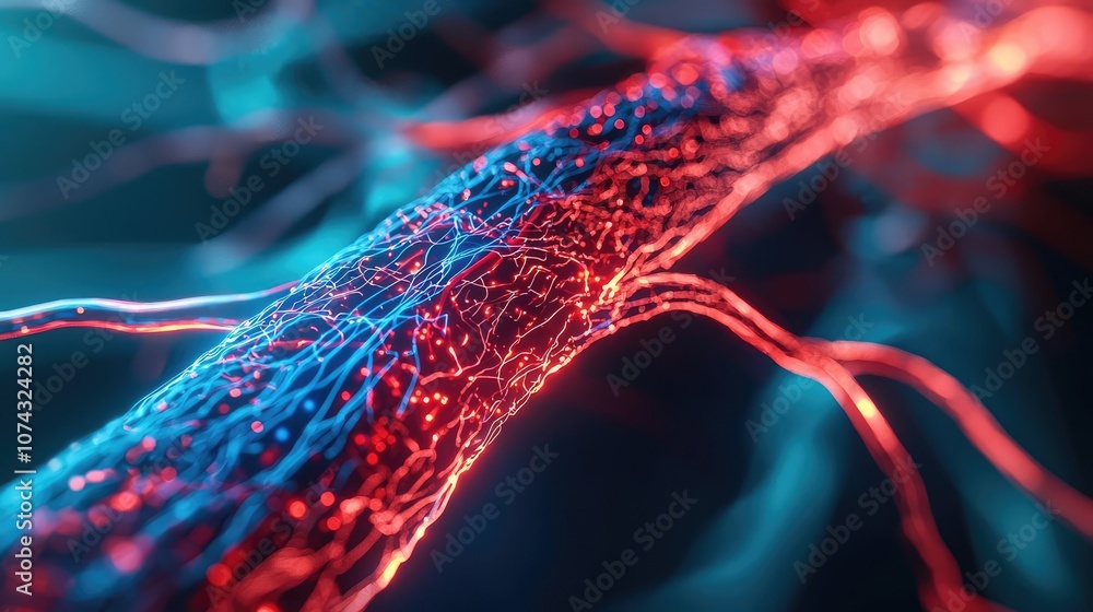 Poster Abstract representation of neural pathways with glowing red and blue fibers.