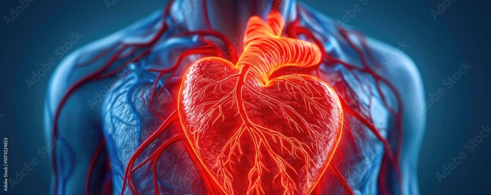 Aufkleber conceptual image of a glowing heart with detailed vascular system, blue background.
